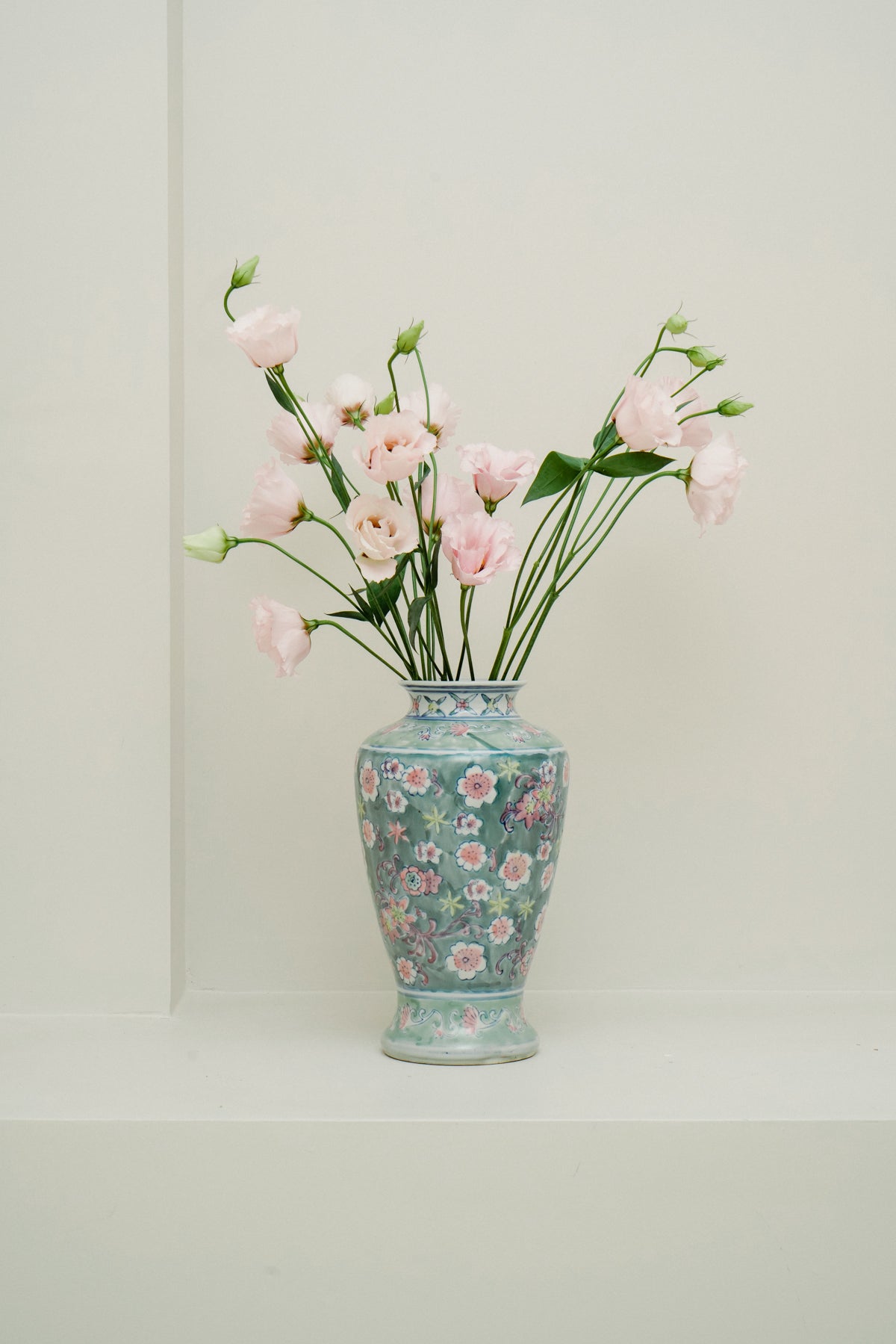 Chinoiserie porcelain vase, aqua green with flowers