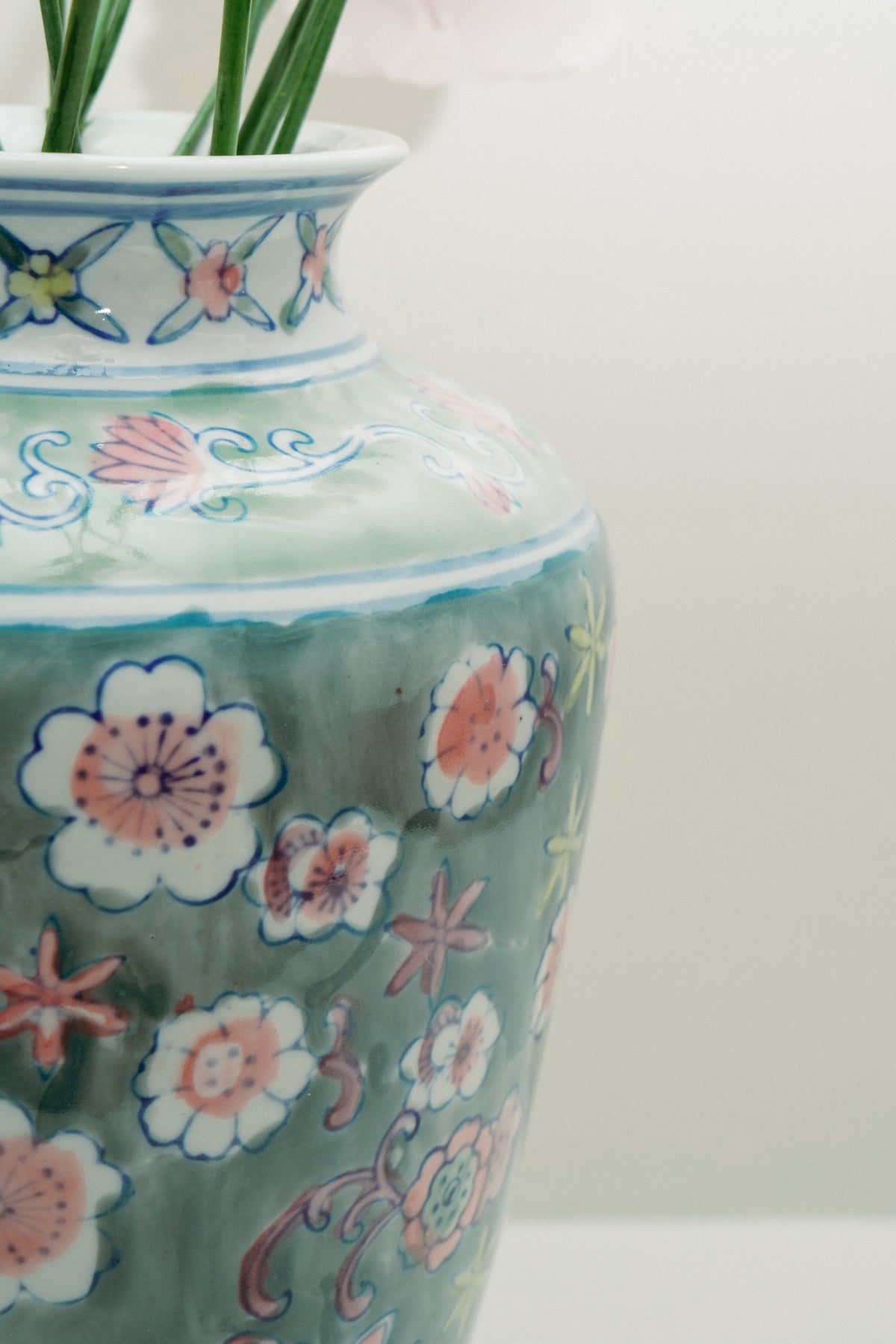 Chinoiserie porcelain vase, aqua green with flowers