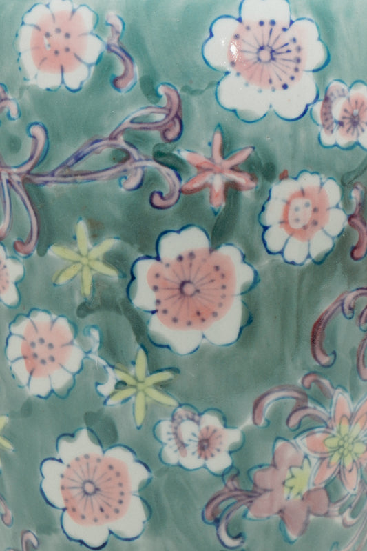 Chinoiserie porcelain vase, aqua green with flowers
