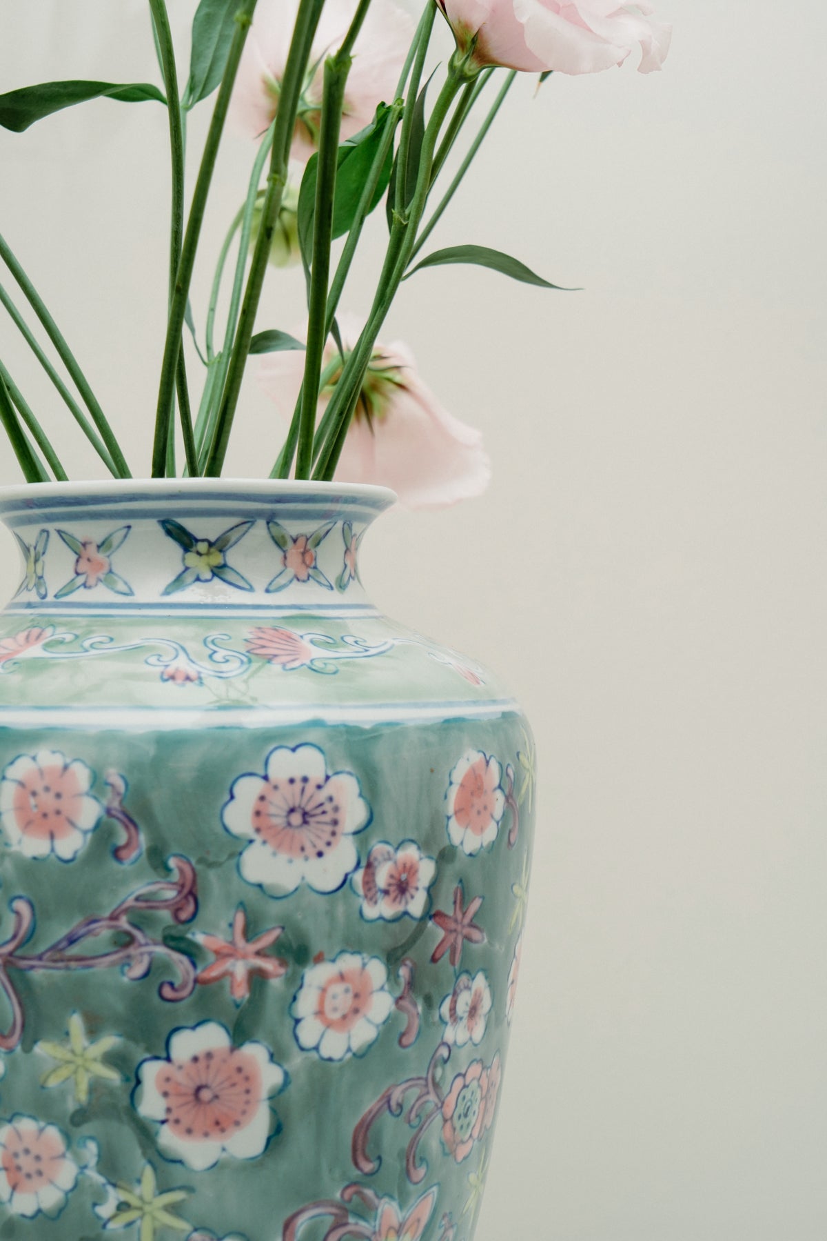 Chinoiserie porcelain vase, aqua green with flowers