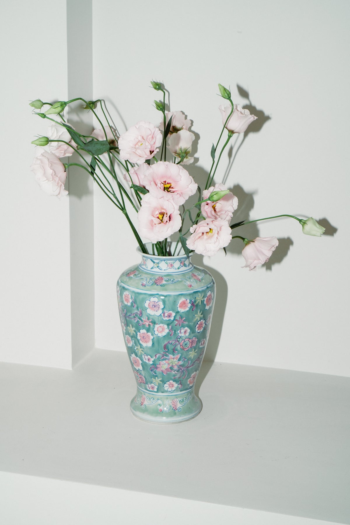 Chinoiserie porcelain vase, aqua green with flowers