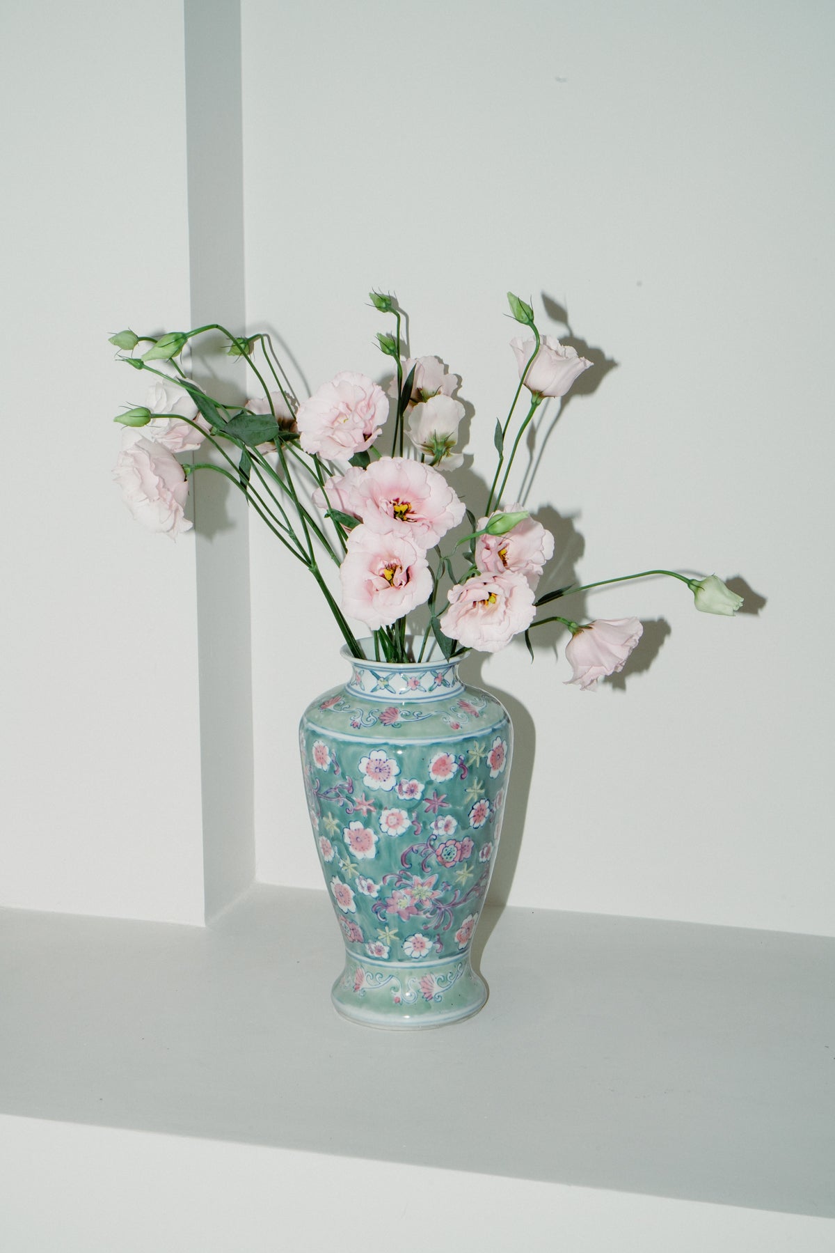 Chinoiserie porcelain vase, aqua green with flowers