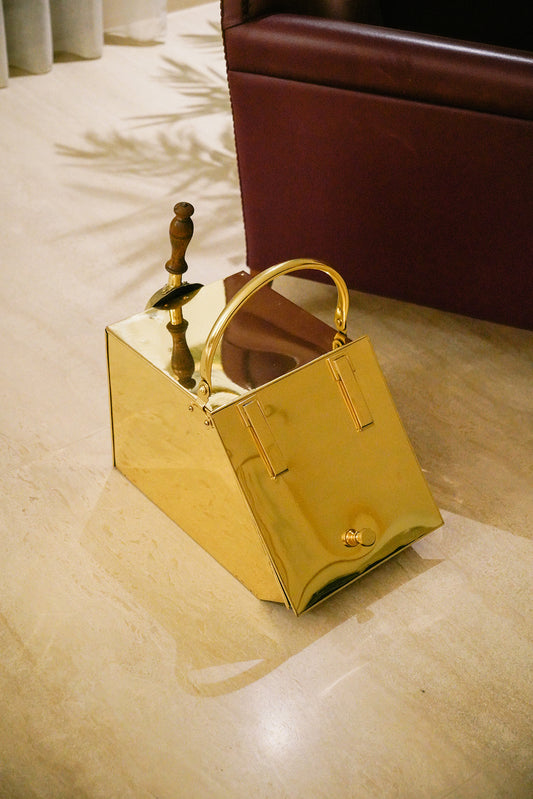 Brass fireplace scuttle coal box with scoop