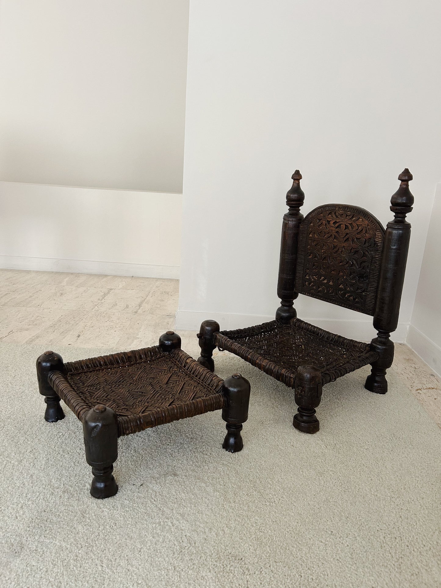 Antique Afghan temple chair with stool