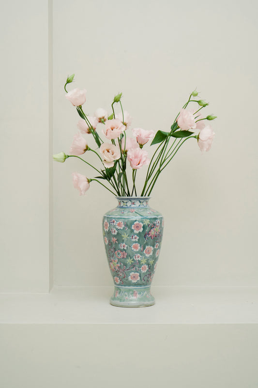 Chinoiserie porcelain vase, aqua green with flowers