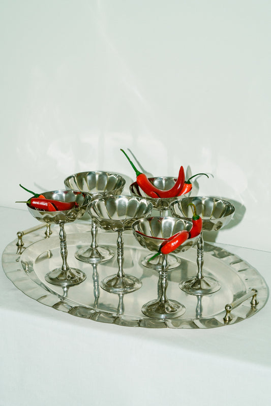 Set of 6 silver plated coupes with tray