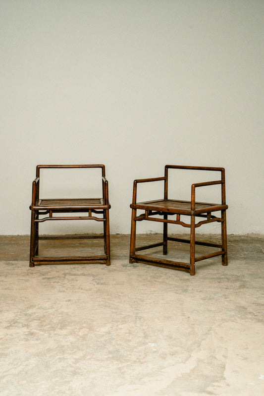 Set of 2 antique traditional Chinese hardwood meditation chairs