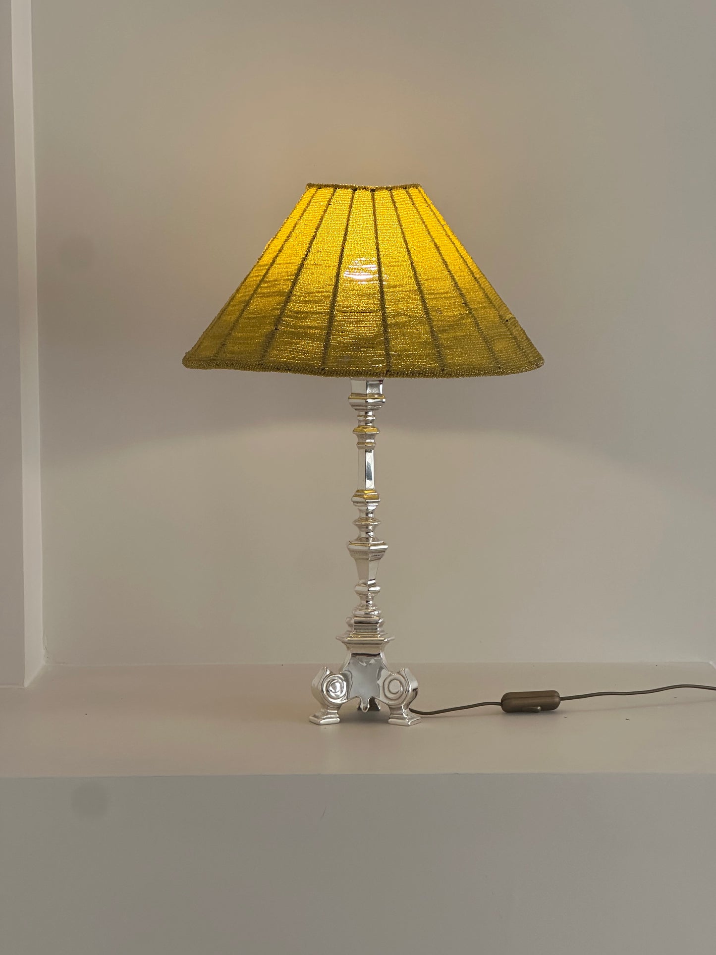 Silver table lamp with beaded lampshade