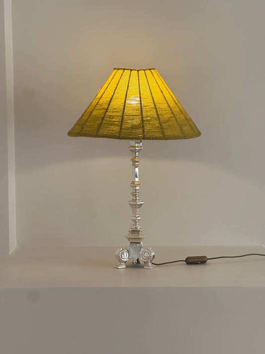 Silver table lamp with beaded lampshade